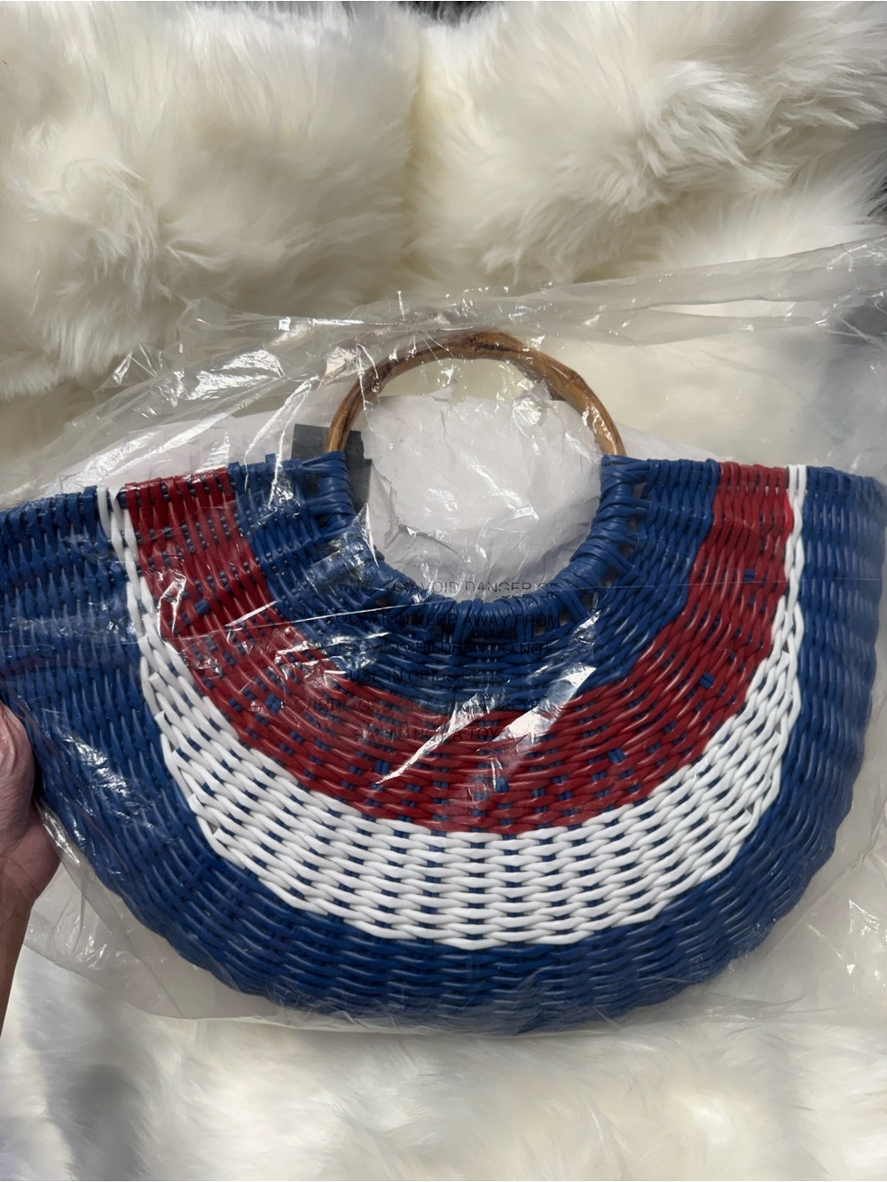 Woven Half-Moon Straw Tote Bag in Blue White Red
